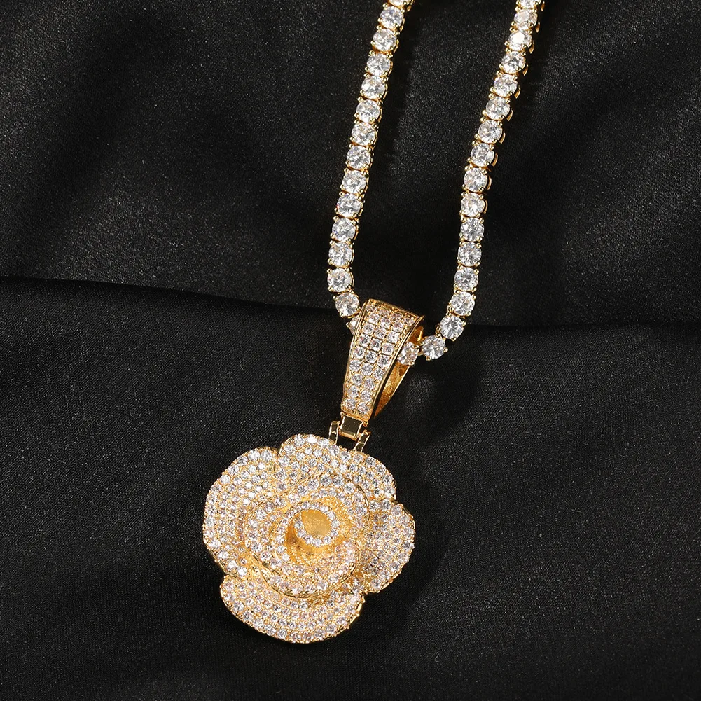 

Hiphop Iced Out CZ Crystal Diamond Rose and Flower Necklace Rose Flower Pendant Necklace Couple Jewelry, Gold,silver