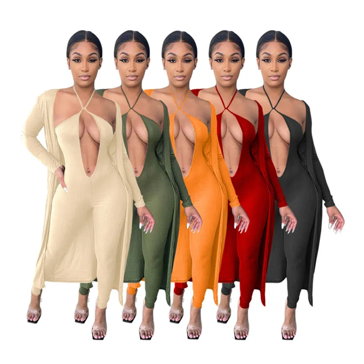

Winter suit new feeling clothing sexy sling deep v jumpsuit + long sleeve ribbed jacket women two piece set D11358