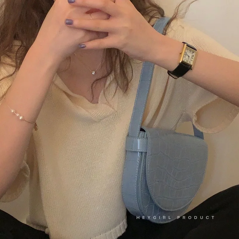 

Korean style new wave pattern blue semicircle purses ins hot women shoulder bags fashion ladies pu leather crocodile armpit bags
