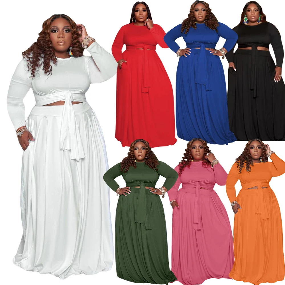 

MOQ 10pcs custom logo 5XL solid color cross tie plus size women clothing plus size 2 piece sets long skirts for women, As shown on picture