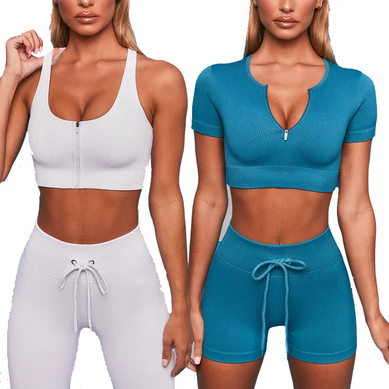 

2021 Hot Sell Women Sweat Wicking Fitness Zipper Sports Bra And Butt Lift Leggings Gym Clothing Two Piece Yoga Set, Customized colors