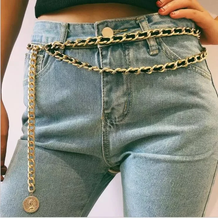 

Summer Beach Charm Bikini Dress Vest Jeans Aesthetic Accessories Double Layered Flocking Cloth Belts Metal Tennis Waist Chain