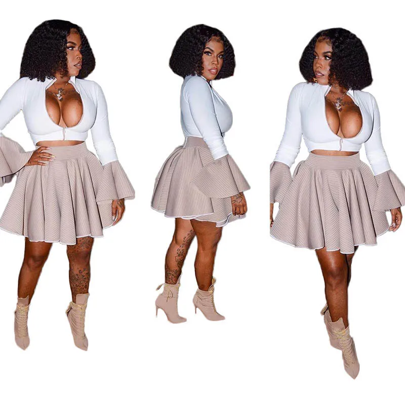 

Wholesales Casual Zipper Ruffled Two Piece Skirt Set