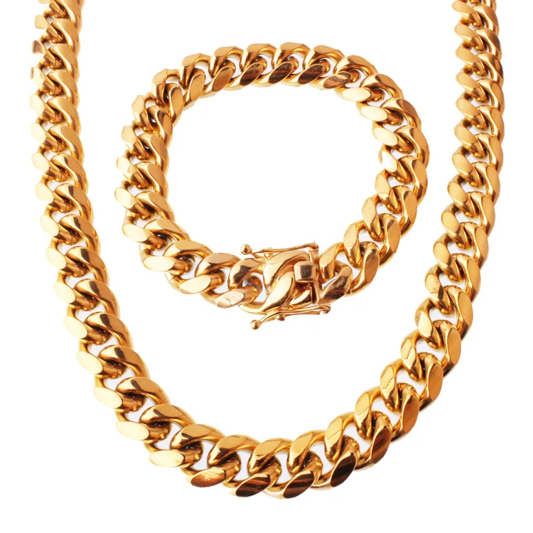 

Mens Heavy Miami Cuban Link Chain Choker 14k Gold Plated Hip Hop Thick Stainless Steel 8mm-14mm Necklace/Bracelet, Gold color
