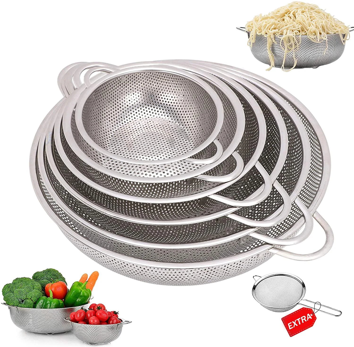 

Kitchen perforated Strainer stainless steel washing food Strainer colander with handles, Silver