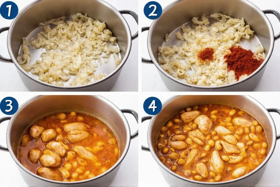 Step-by-step white chicken chili cooking process showing sautéed onions, added spices, simmering pot with chicken and beans