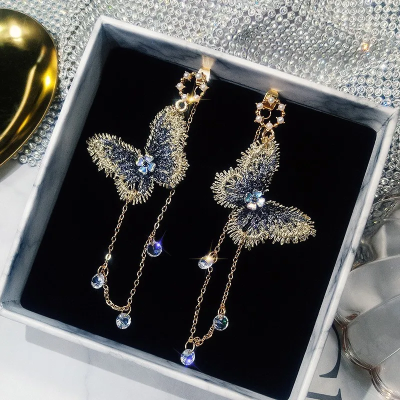 

Women Long Tassel Earrings Korean Sweet Butterfly Rhinestone Crystal Elegant Geometric Simulated Pearl Jewelry, Silver color
