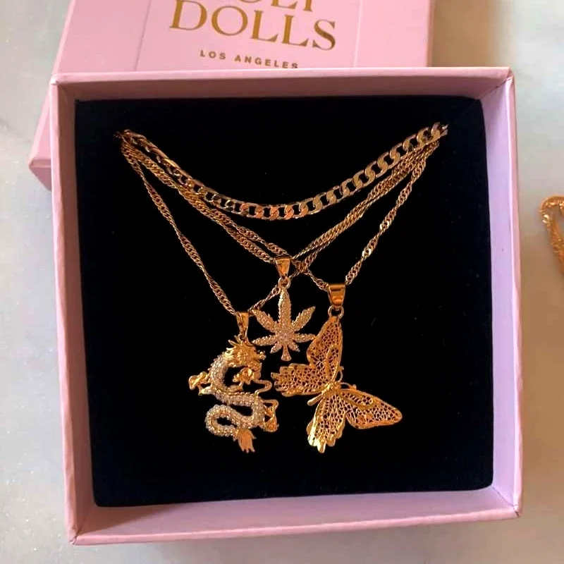 

18K gold plated butterfly dragon maple leaf pendant necklace