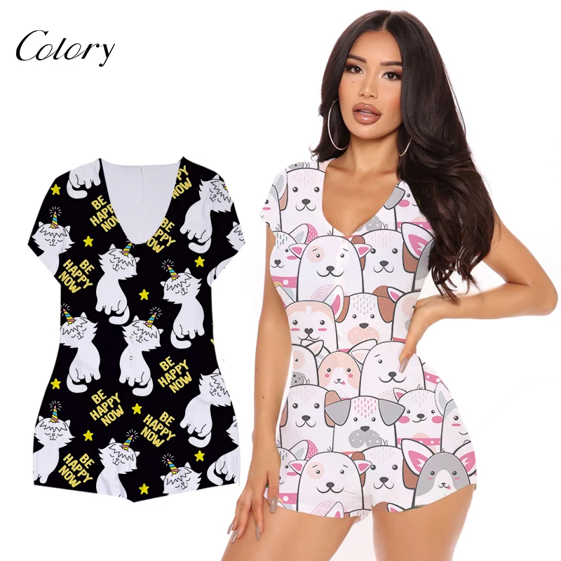 

Colory Pajama Shirt And Shorts Onesie For Women, Picture shows