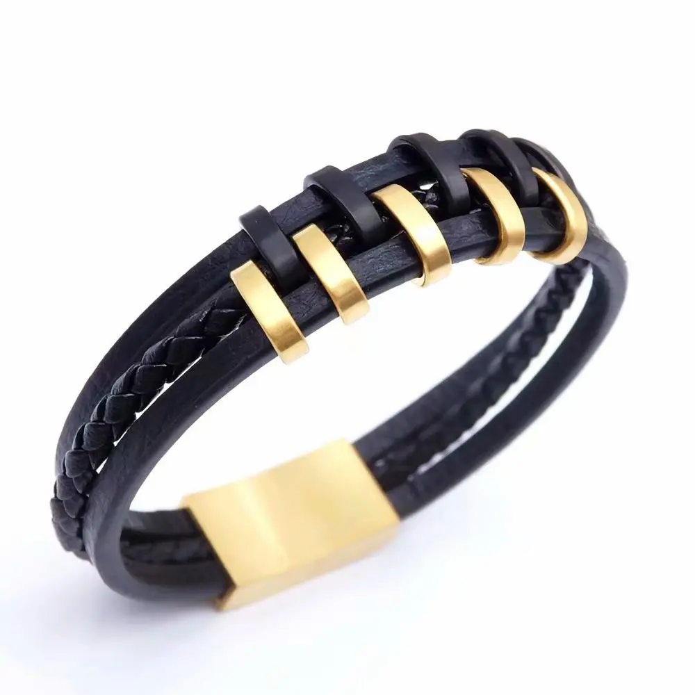 
Promotional Gifts Hand Bangle Jewelry Stainless Steel Mens Leather Bracelets 