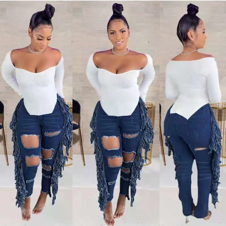 

H4679 - women trendy fashion fringe hole jeans pants