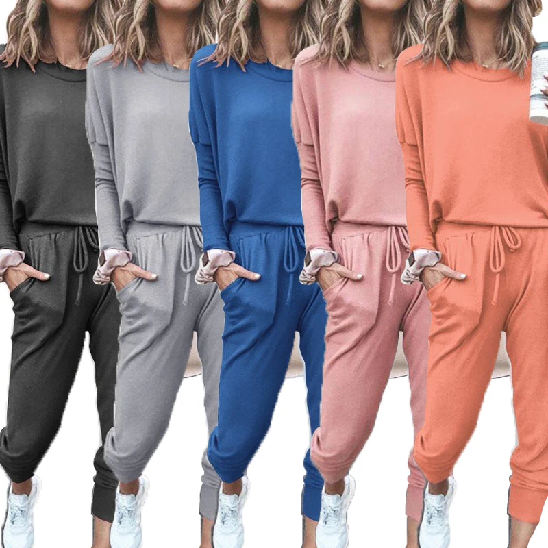 

Fall 2021 Women Clothes 2 Piece Set Women Solid T-shirt Long Sleeve Lounge Wear Sets Women Active Wear Set For Ladies