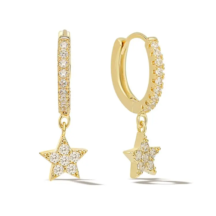 

Trendy 925 Sterling Silver Fancy Jewelry 18K Gold Plated Star Pendant Dangle Drop Zircon Pave Hoop Huggie Earrings