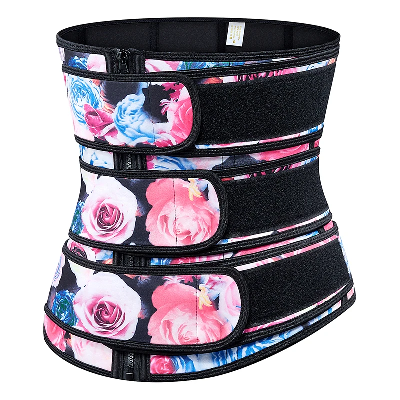 

New Design Rose and Leopard Camouflage Waist Trainer Three Row Hooks Waist High Compression 3 Strap Waist Trainer Belt, Black/blue/pink/purple/skin