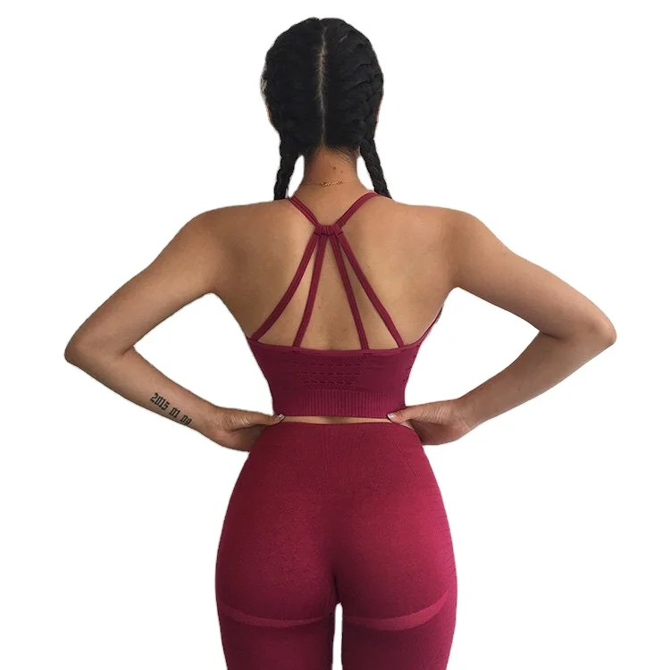 

Wholesale Women Seamless 2 Pcs Sports Suits Gym Exercise Padded Push-up Strappy Sports Bra Leggings Yoga Set, Green,black,red