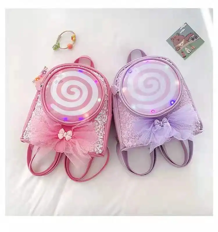 

2021 Fashion Purple Sequin PU Leather Beauty Cartoon Design School Bags Girls Kids Backpack With Led Lights, Blue/purple/red/pink/customization