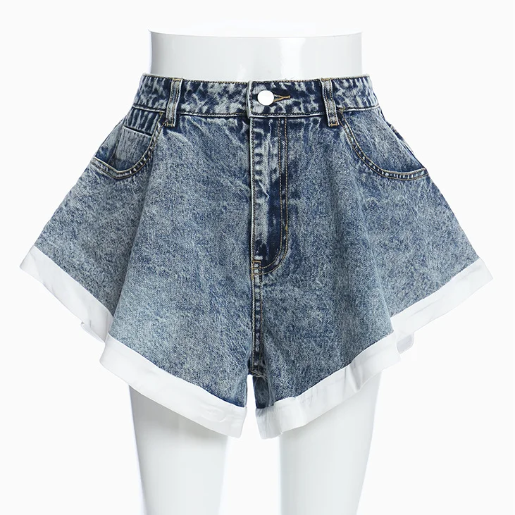 

High Waist Ruffled Swing Denim Shorts Hot Jeans Pants Jean Shorts Women, Blue
