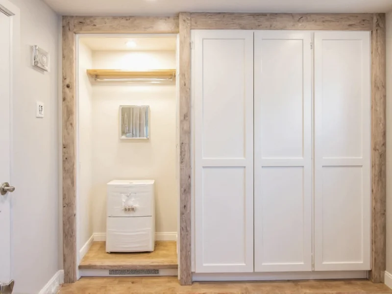 Finished DIY walk-in closet with LED lighting and reclaimed wood accents
