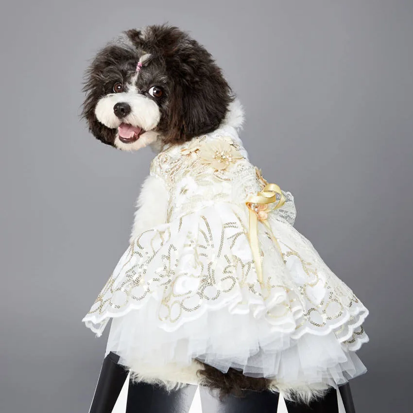 

XIAOFU Gold Luxury Fancy Princess Bride Pet Wedding Clothes  Skirt Girl Dog Dresses