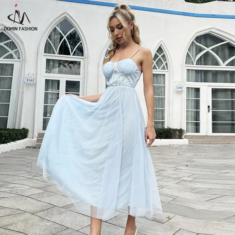 

D&M New 2022 Summer Women Club Party Elegant Spaghetti Strap Flared Sky Blue Polka Dot Bustier Mesh Long Cami Dresses, Picture color