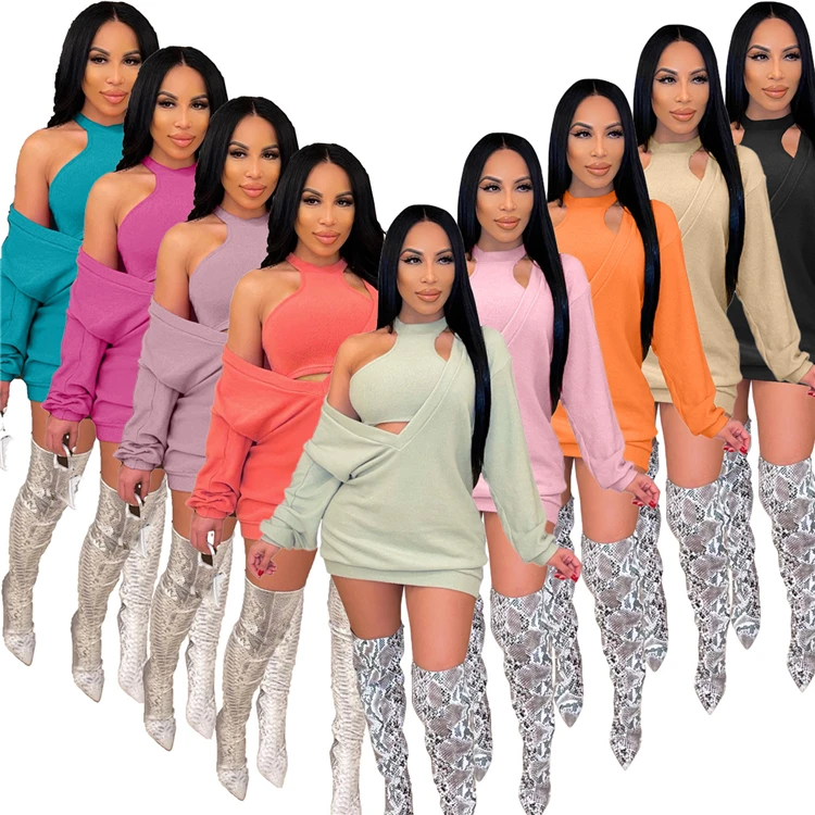 

Fall 2021 women clothes Long Sleeve Deep V Neck Fashion Oversized Hoodies With Vest Two Piece Set Rib knit Sweater Dress Women