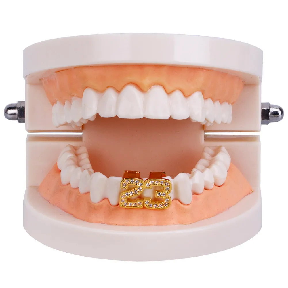 

New Custom Fit Gold Silver Color Micro Pave Cubic Zirconia 23 Top & Bottom Teeth Grillz Halloween Christmas Gift For Men, 18k gold/white gold