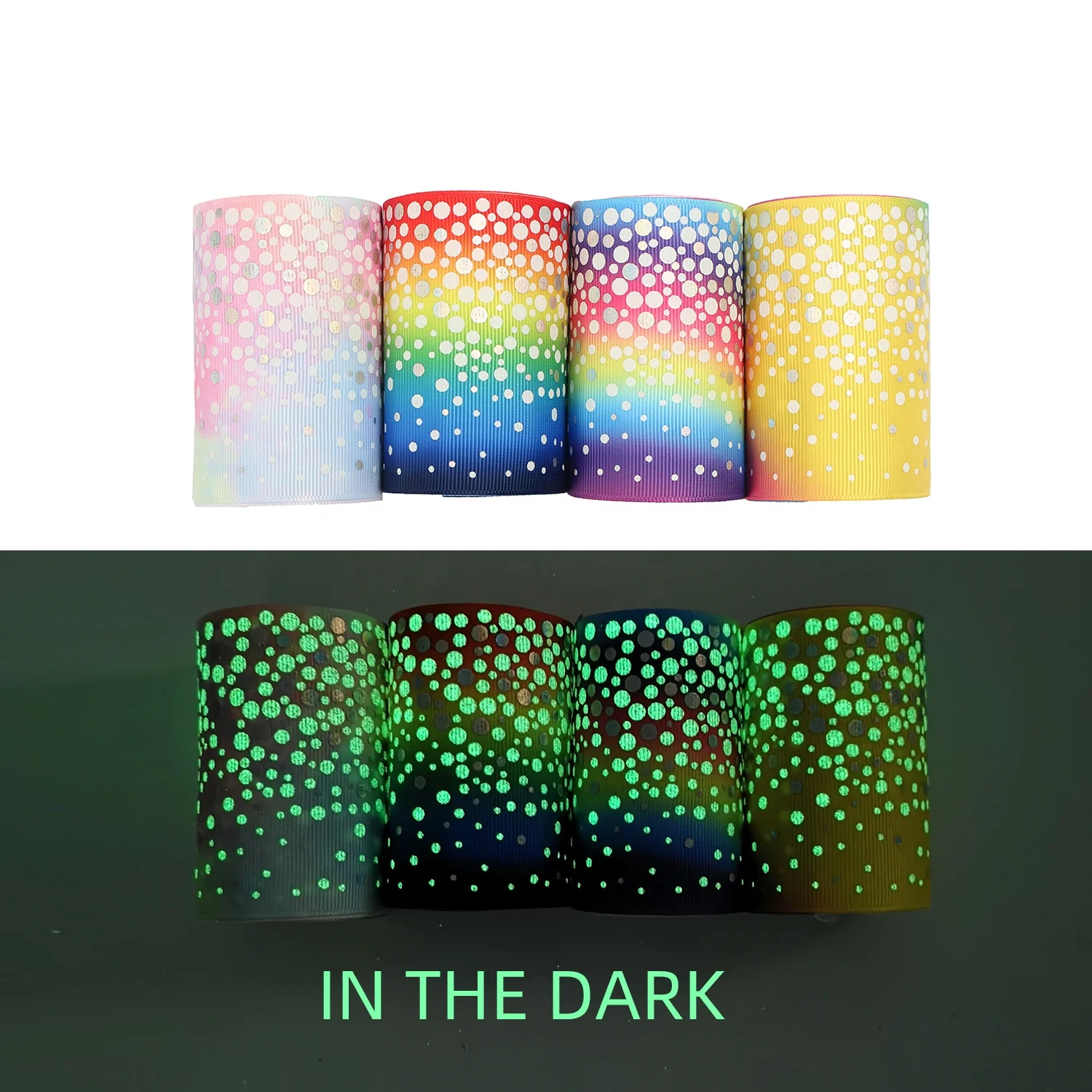 

3 Inch Popular Fashion Gradient Rainbow Polka Dot Ink Printed Glow In Dark Hair Bow Ribbon