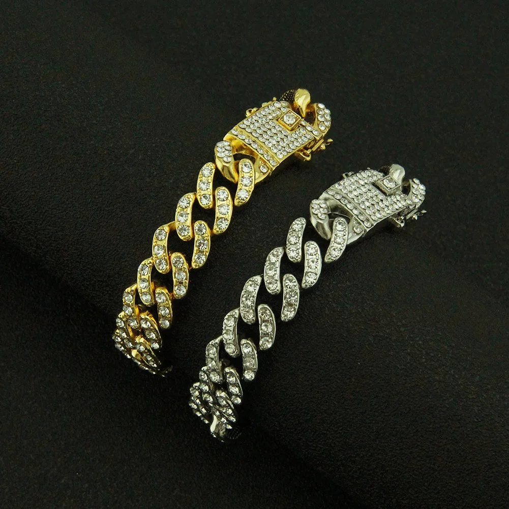 

Mens Miami Crystal Rhinestone Diamond Iced Out CZ Cuban Bracelet Large Hip Hop Mens Jewelry Gold Cuban Link Bracelet for Men