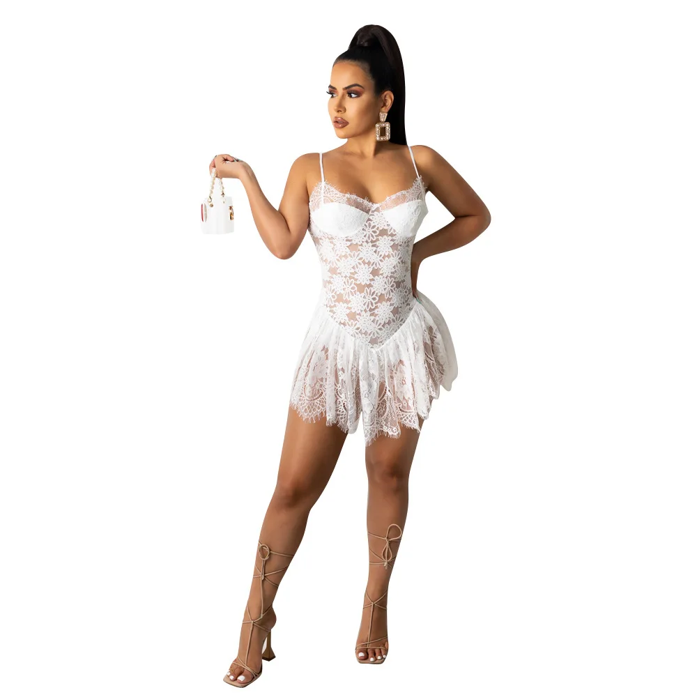 

summer dresses sexy solid color lace see though sleeveless girls' dress Streetwear bodycon casual mini night club dress