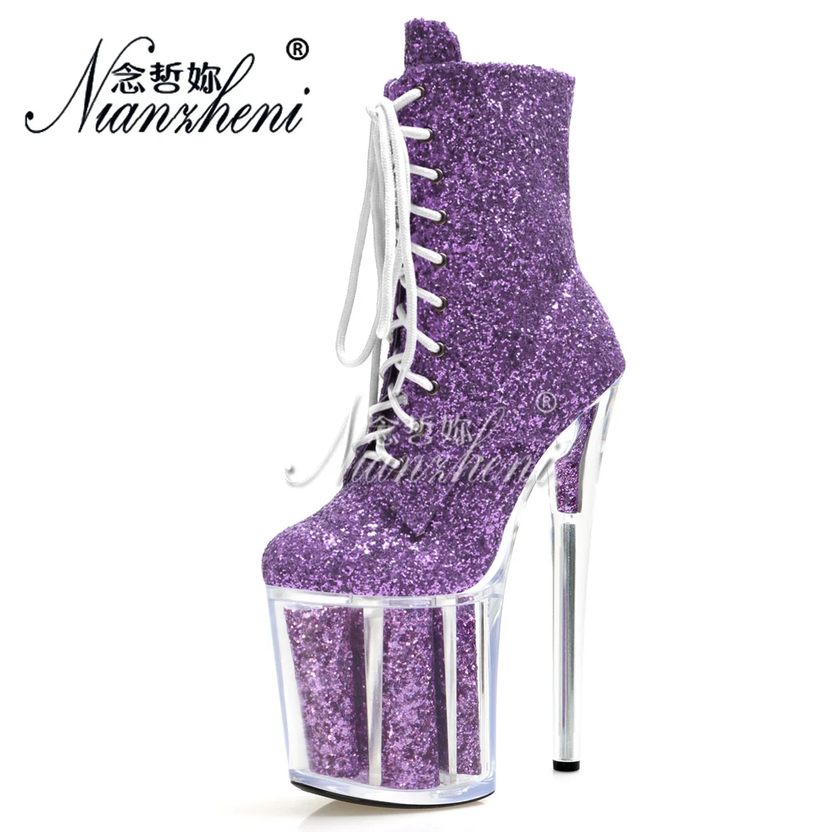 20cm Elegant Glitter Platform Ankle Boots Nightclub Womens Lace up Pole Dance Shoes Bling Sequin Exotic Dancer Fashion Models