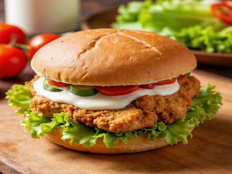 Assembled homemade chicken sandwich with lettuce and sauce