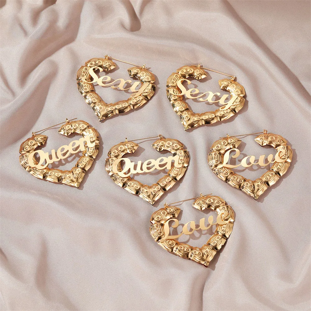 

Bulk Chunky Stainless Steel Big Custom Personalised Zodiac Hoop Heart Bamboo Name Plate Earrings, Gold