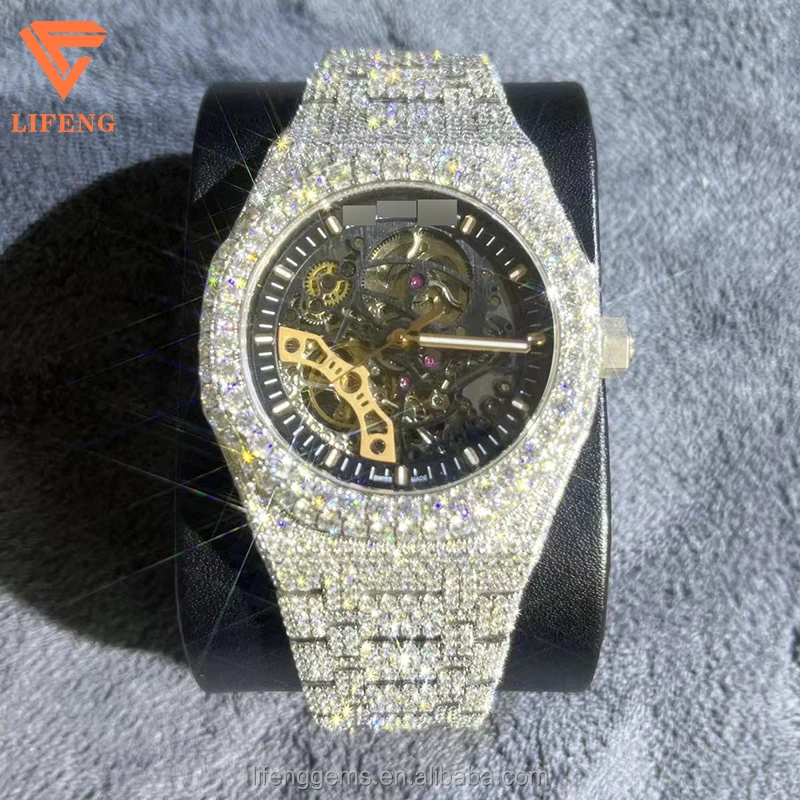 

Moissanite Iced Out Skeleton Watch Ready to ship Diamond Men's Jewelry Wrist Date Watch Hip hop Mechanical Luxury Watch