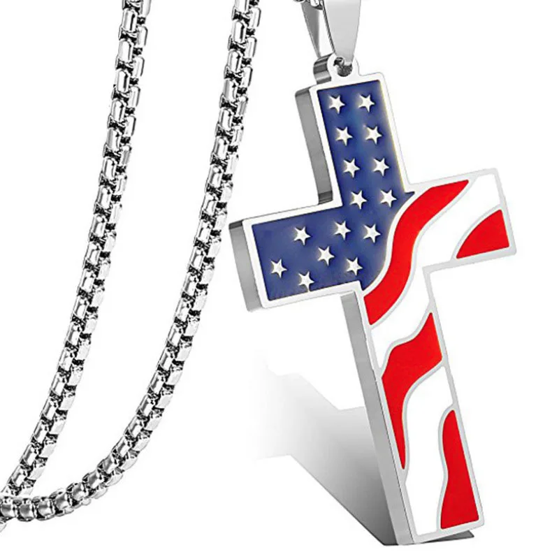Wholesale American Flag Cross Pendant Men's Stainless Steel Necklace