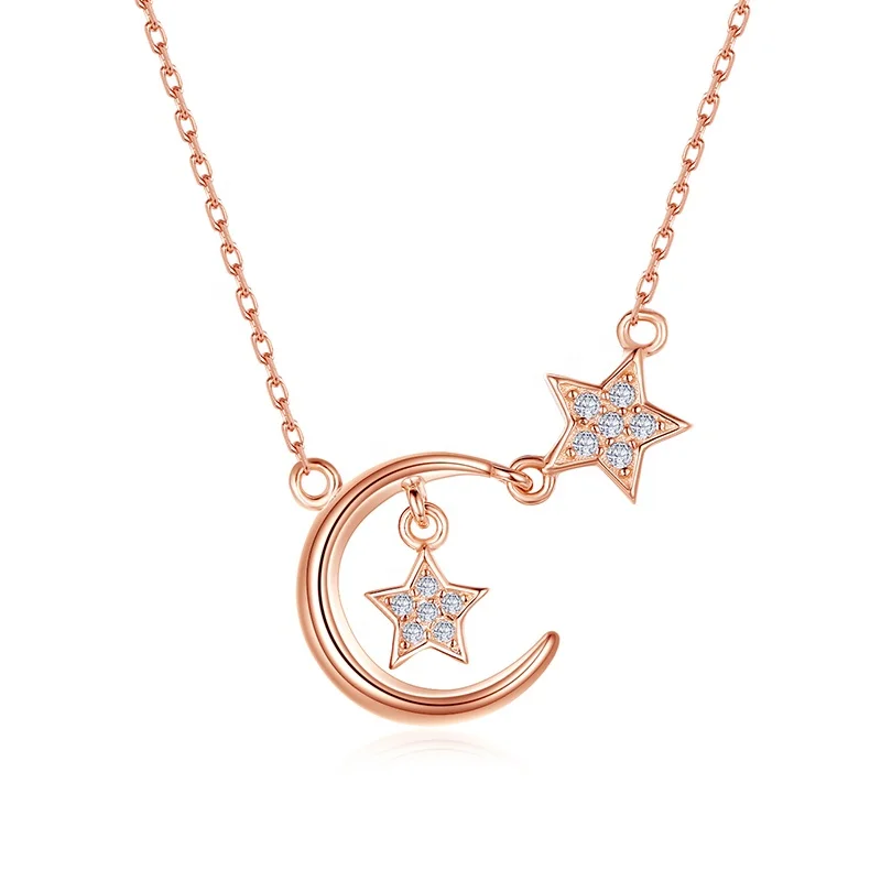 

2021 fashion dainty crystal zircon charm jewelry moon & star 925 sterling silver pendant necklace rose gold plated for women, Rose gold silver