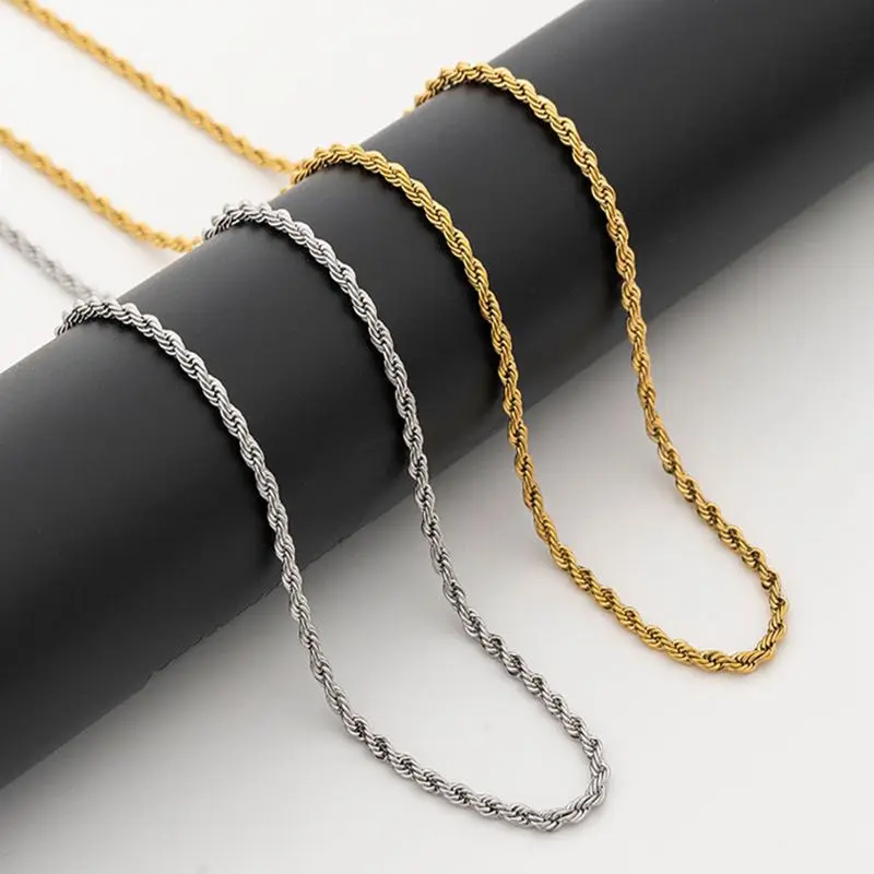 

High Quality Stainless Steel Rope Chain Factory Custom Length Mens Jewelry Necklace Gold Plated Twist Rope Chain Necklace 3mm, Gold color