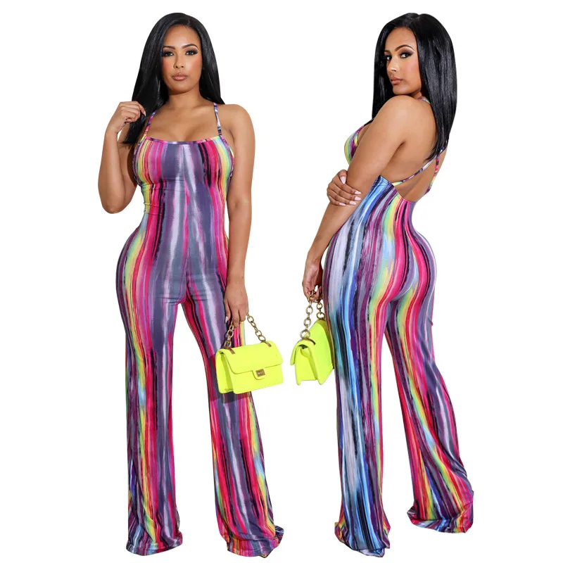 

RUIYI Summer printed Rainbow Blckless one piece romper jumpsuit 2021 Wholesale women one piece jumpsuits and rompers, Same as picture