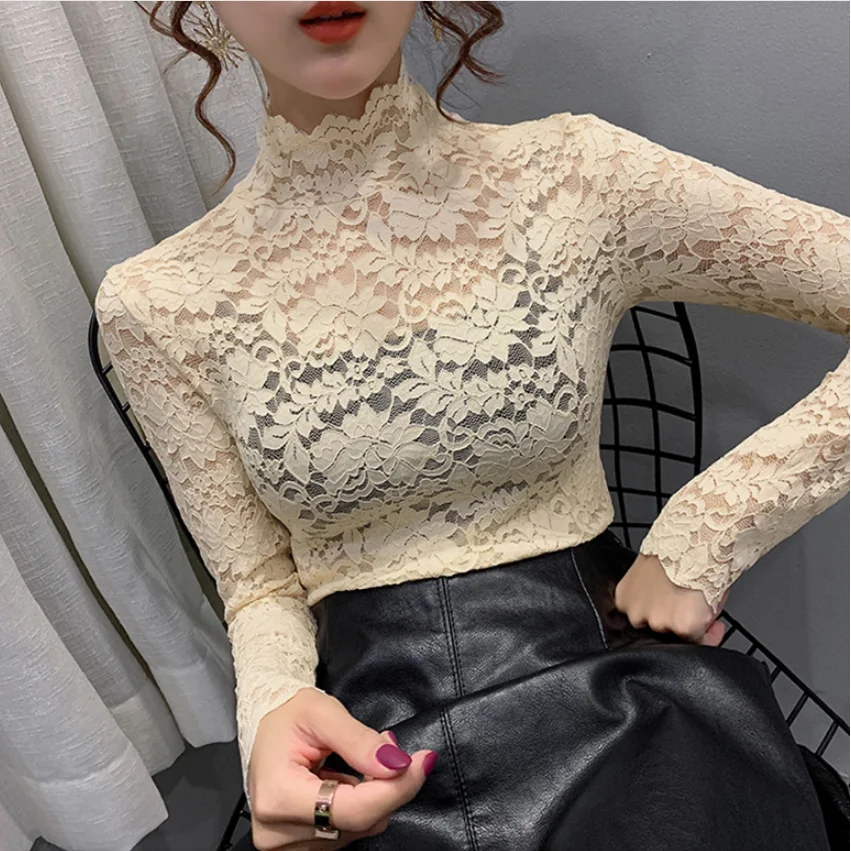 

Girls Lace T-Shirts Tees Female Hollow Out Turtleneck Full Sleeve Elegant Stretchy T Shirt Tops For Women solid color top Korean