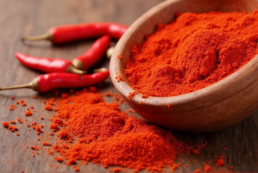 Close-up view of vibrant red cayenne pepper spice in a glass jar with wooden spoon showing fine powder texture