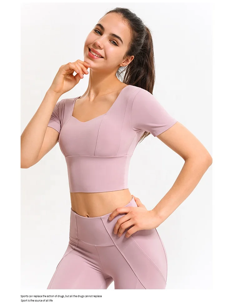 

2021 New arrival women yoga sportswear tshirt with breast pad ladies short sleeve crop top, Can provide different swatchbooks to choose colors