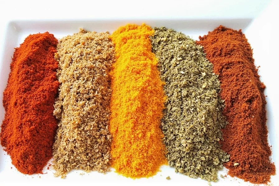 Spice rack with labeled jars of Arabic seasoning stored in a cool kitchen cabinet
