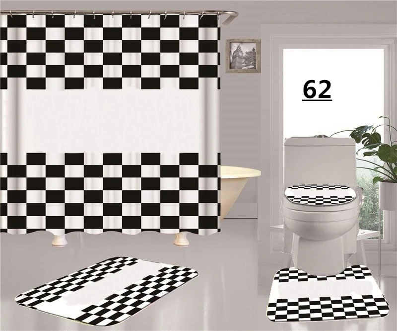 

Custom Black And White Mosaic Check Print Letter New Style Toilet Seat And Shower Curtain Set