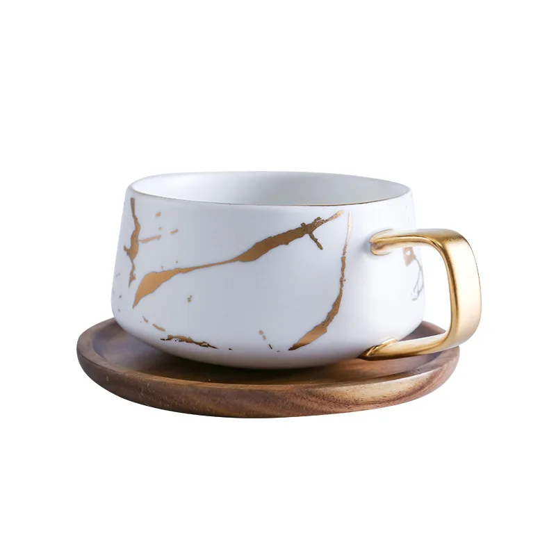 

Hot Sell Black And White Porcelain Coffee Cup Mug With Golden Marble Design And Wood Lid Or Wood Coaster, Natural