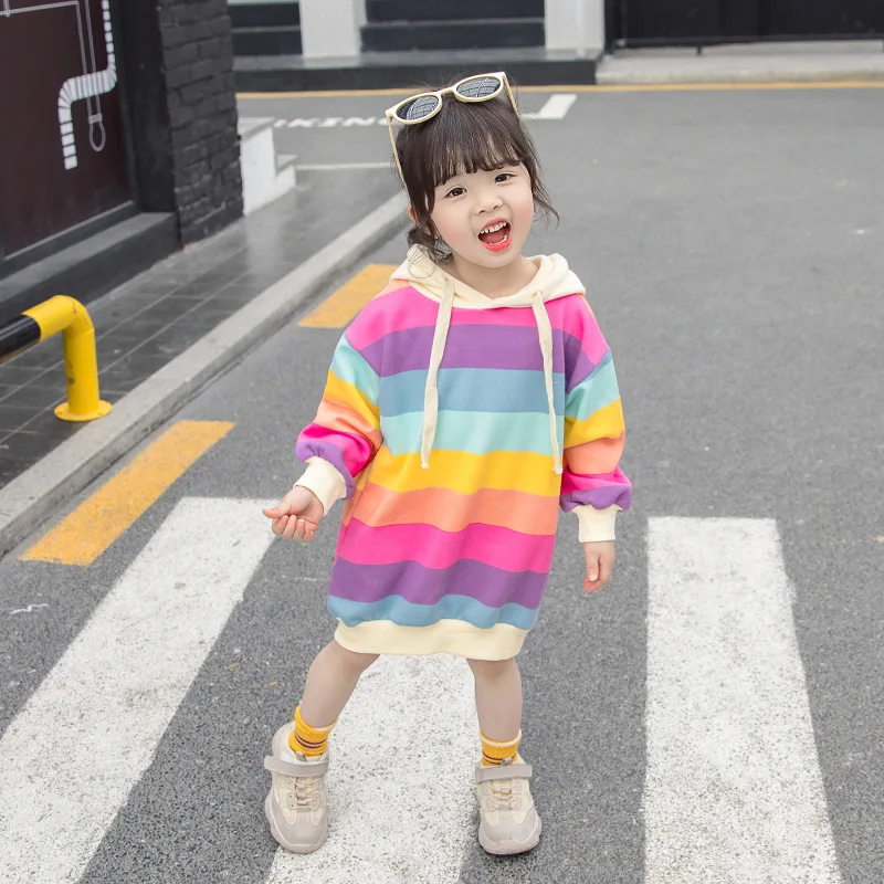 

Custom LOGOn New spring fashion little girl's hooded mid-length sweater rainbow striped dress foreign style skirt, Rainbow stripe