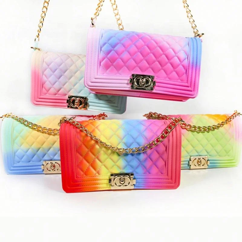 

Hot Selling Ladies Gradient PVC Rainbow Purse Colorful Matte Rhombic Jelly Candy Crossbody Shoulder Bag