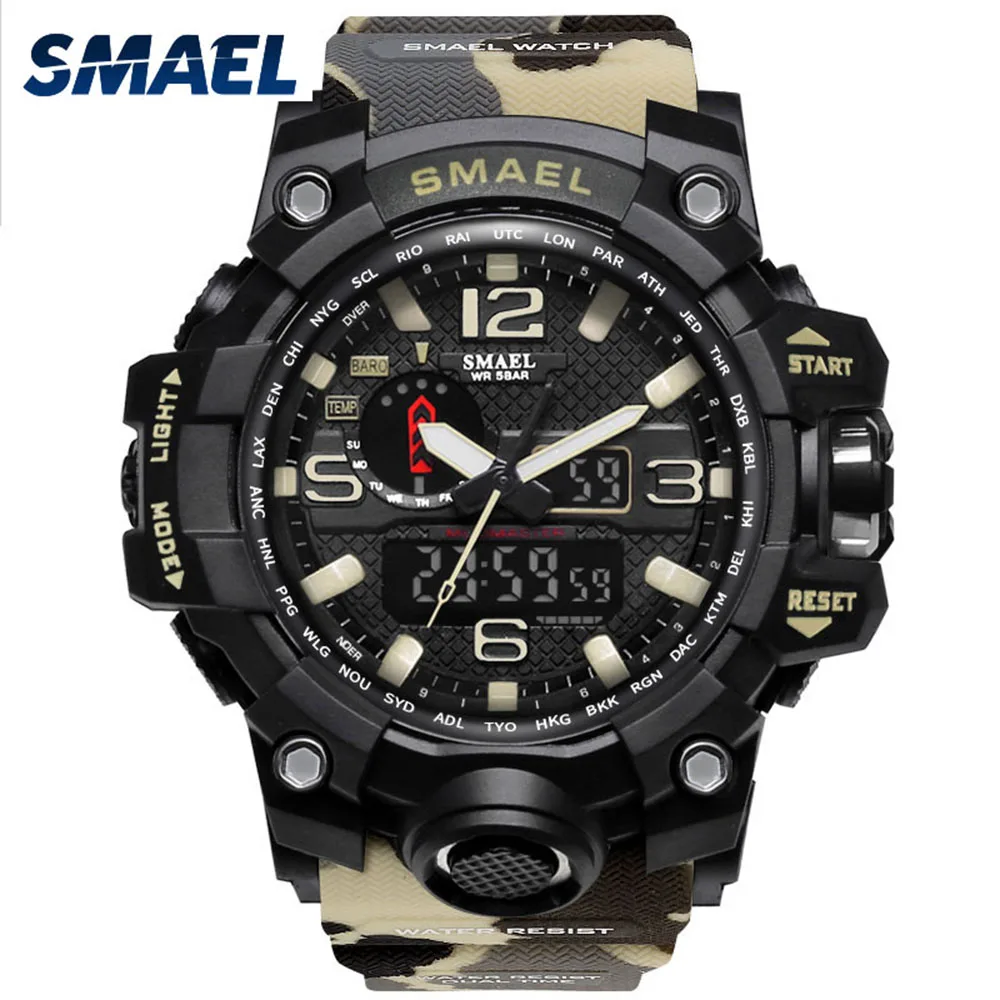 

SMAEL Brand Men Dual Time Camouflage Military Watch Digital LED Wristwatch 50M Waterproof Men's Clock Sport Watch 1545