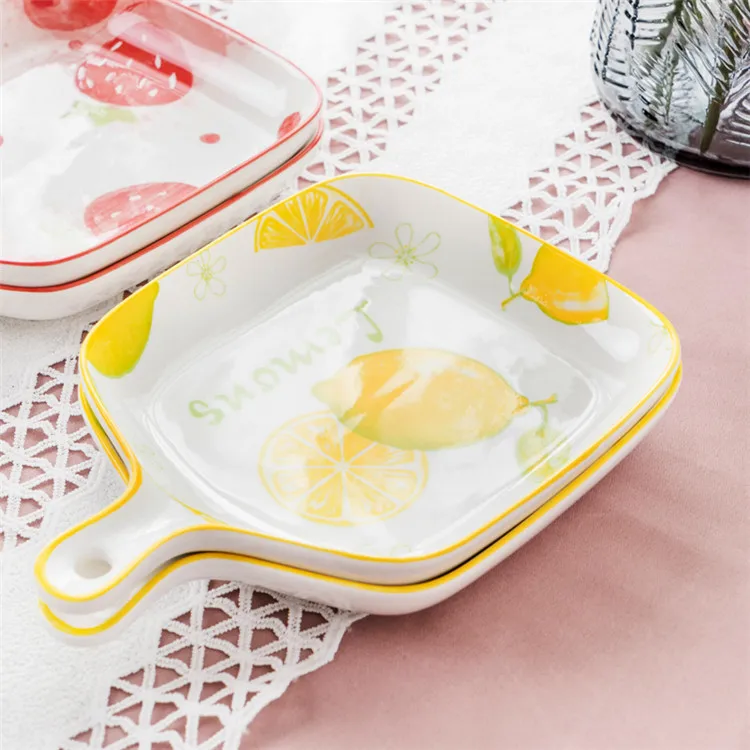 

Lemon pattern unique design europe baking dish ceramic square plates restaurant porcelain plates, Customized color