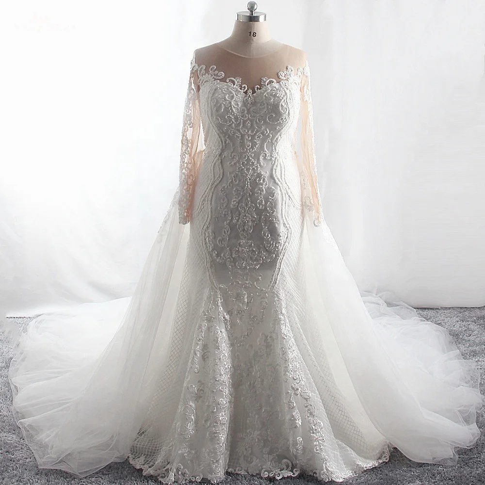 

LZ408 2 In 1 Detachable Train African Bridal Gowns Long Sleeves O Neckline Luxury Heavy Pearls Beaded Mermaid Wedding Dress, Custom color
