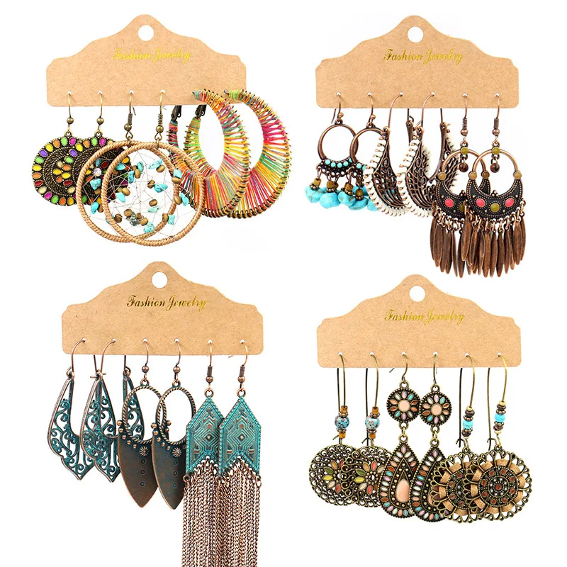 

3Sets Boho Ethnic Dangle Drop Earrings Fashion Earrings Ornament Charm for Women Jewelry Accessories