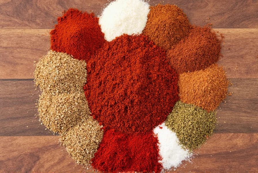 Homemade chili seasoning mix ingredients arranged on wooden table